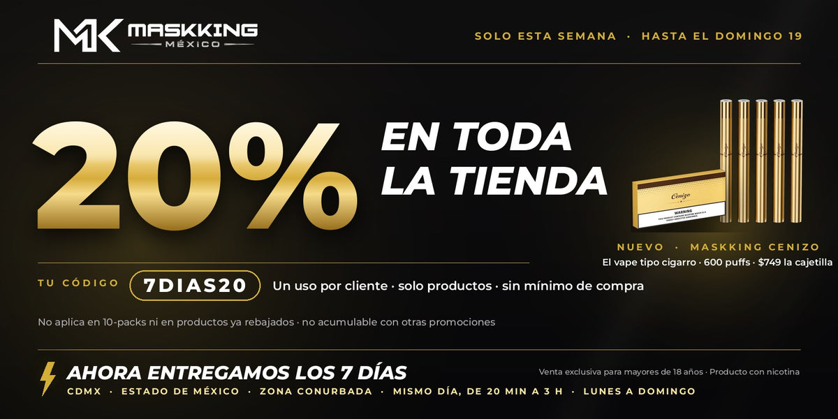 20 % de descuento en toda la tienda con el código 7DIAS20, solo esta semana · nuevo Maskking Cenizo · ahora entregamos los 7 días