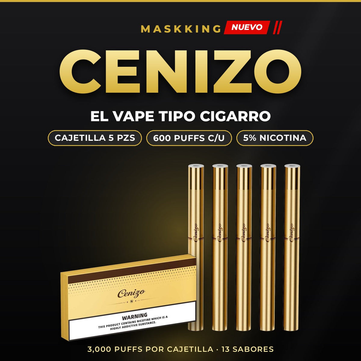 Vape Maskking Cenizo 600 puffs tipo cigarro, cajetilla con 5 piezas, original México